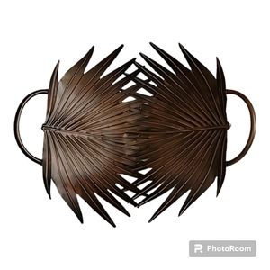 Palm Leaf metal bowl 15" brown vintage decor storage tropical coastal